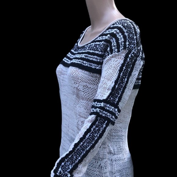 FREE PEOPLE Cream Black Open Weave Knit Long Sleeve Top Size L - Picture 3 of 6